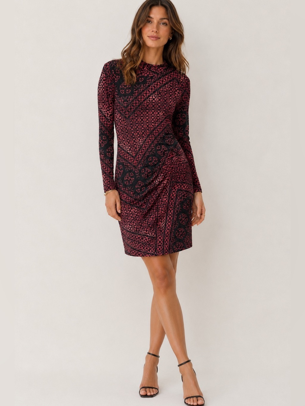 BCBGeneration Burgundy and Black Patterned Dress M